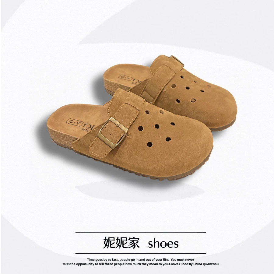 韩版网红勃肯鞋真皮拖鞋洞洞鞋2025春季新款女扣带式休闲勃肯鞋