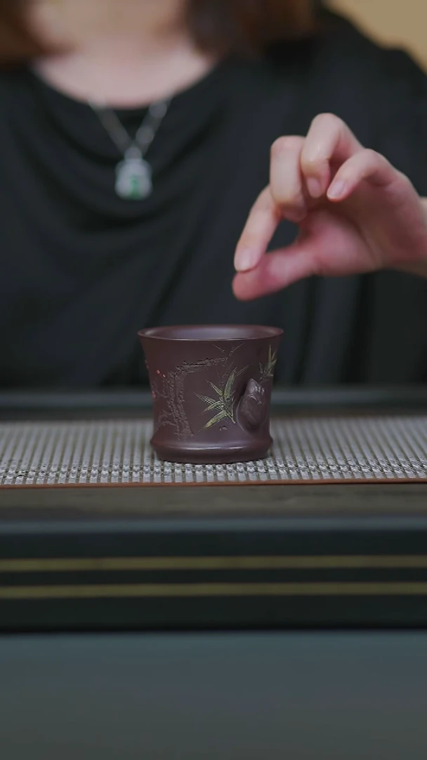 茶壶紫砂米*茄皮紫泥泥绘竹笋杯