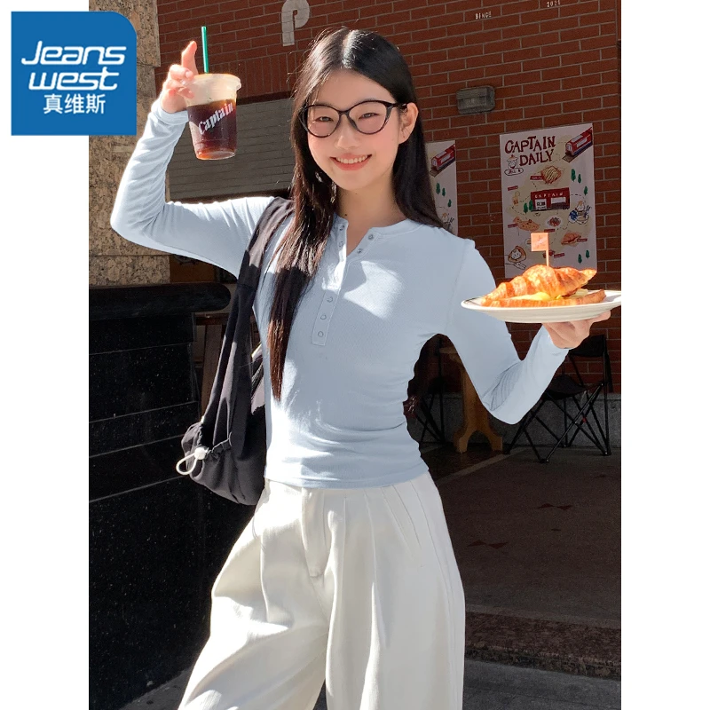 真维斯美式纯色长袖T恤女2026早春修身美拉德半开领打底衫上衣L