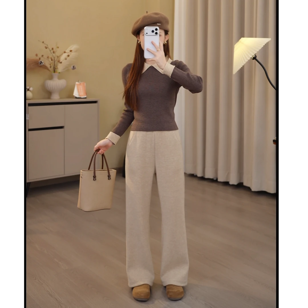 小个子加绒加厚秋冬休闲阔腿宽松百搭显瘦时尚垂感休闲裤子