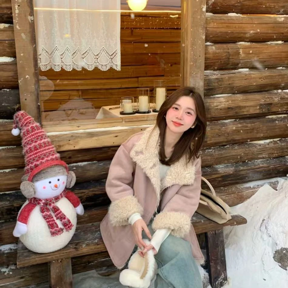 法式甜美气质皮毛一体短外套女装2024冬季新款时尚双面穿毛绒上衣