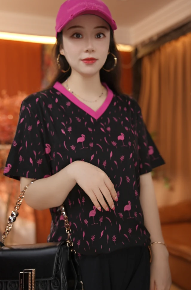 新款粉色鹤鸟图案宽松短袖T恤【1321】