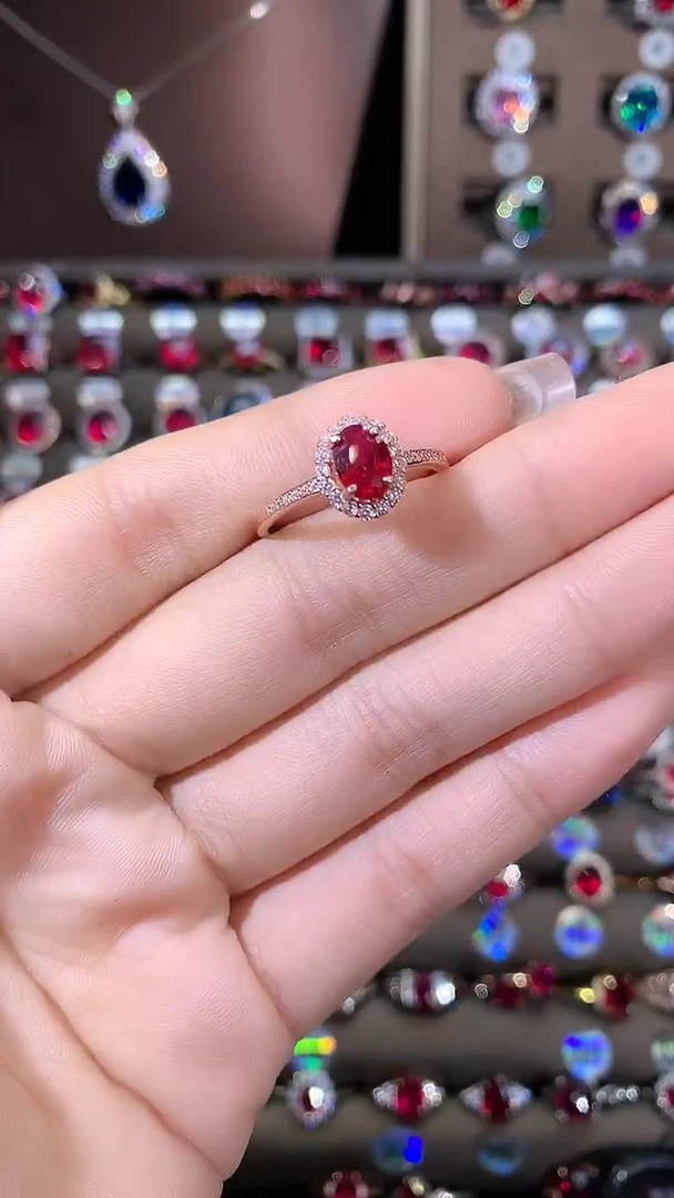 银S925镶嵌戒指红宝石57酒红玫瑰金