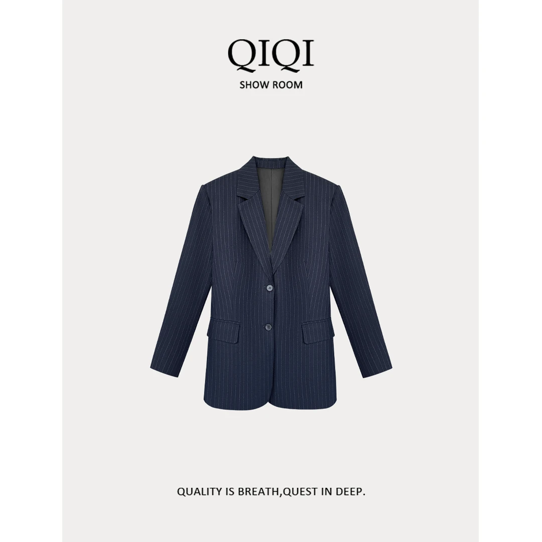 QiQi「miu系上司」藏青色竖条纹高智西装西服女