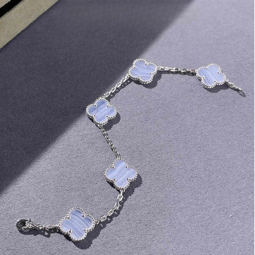 99新 梵克雅宝 【念念】 中号五花手链 新扣 18K白金紫玉髓 S-M码
