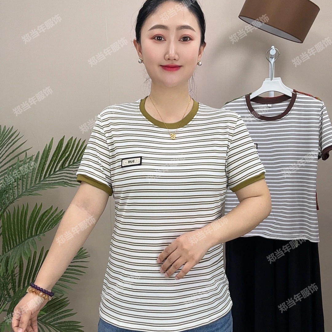 新款夏季螺纹棉中老年女士宽松妈妈短袖t恤减龄休闲时尚条纹上衣