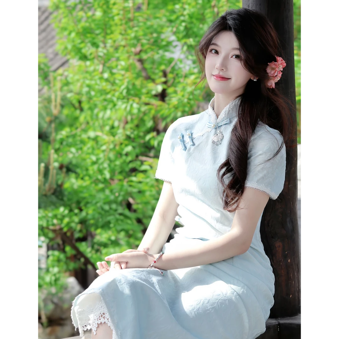 冰蓝色新中式国风旗袍连衣裙女款爆款2025新款夏修身显瘦气质优雅