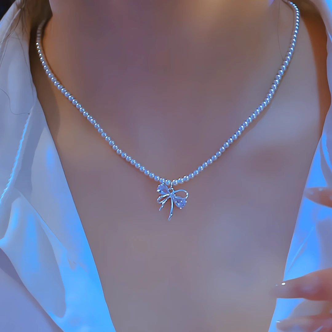 钛钢仿珍珠项链 【珠珠蝴蝶结】小众轻奢百搭锁骨链设计感项链女