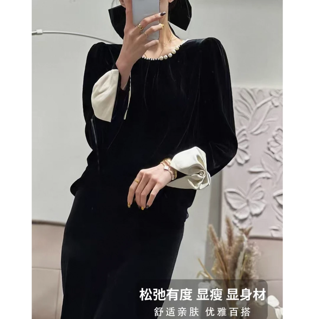 （醋酸丝绒）欧洲站高级感蝴蝶结拼接丝绒衫新款珍珠老钱风女10171#