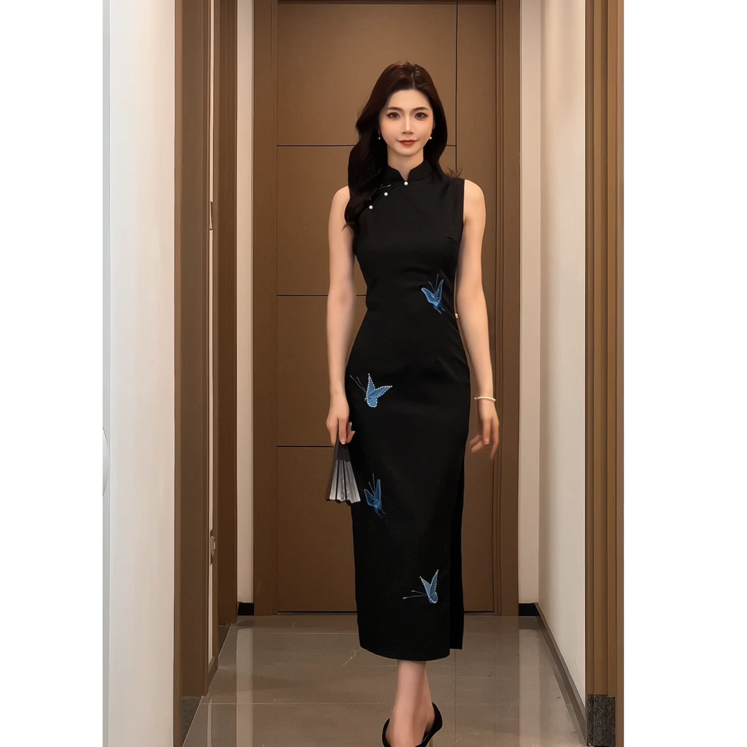 新中式国风蝴蝶改良旗袍年轻款少女气质修身显瘦无袖黑色连衣裙