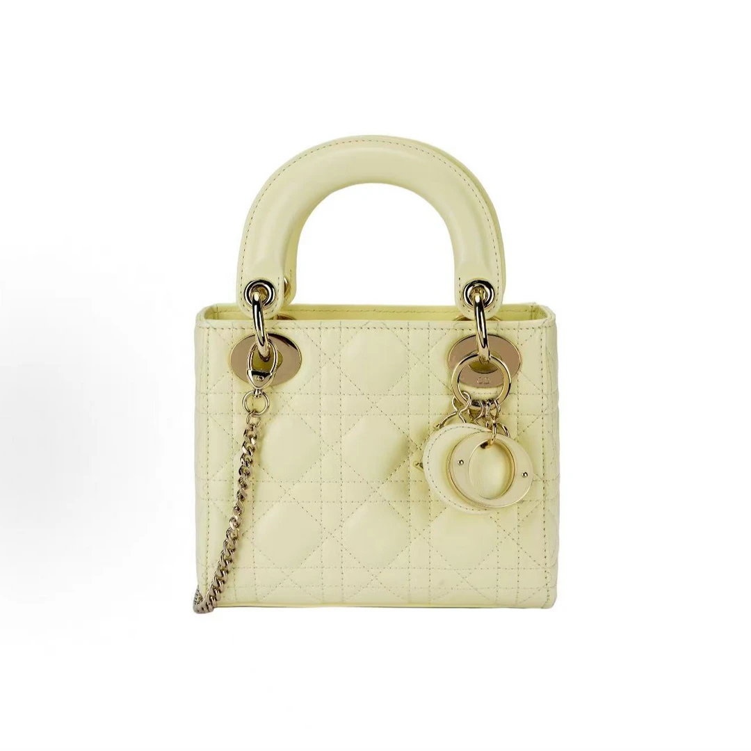 未使用 DIOR/迪奥 Lady Dior藤格纹羊皮革戴妃包迷你黄色