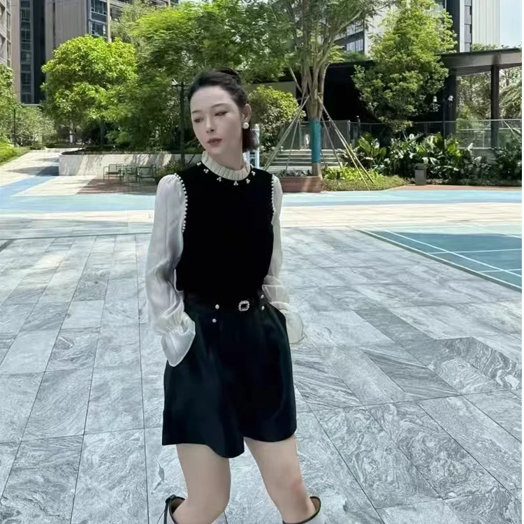 2024新款欧货气质拼接丝绒衬衫洋气减龄钉珠打底衫