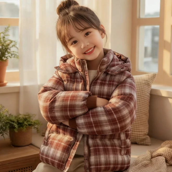 新款女童加绒加厚格子连帽棉服外套冬季保暖童装