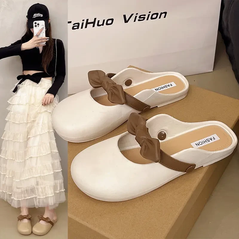 软底包头懒人拖鞋女生外穿2025夏季新款法式蝴蝶结一脚蹬平底韩式