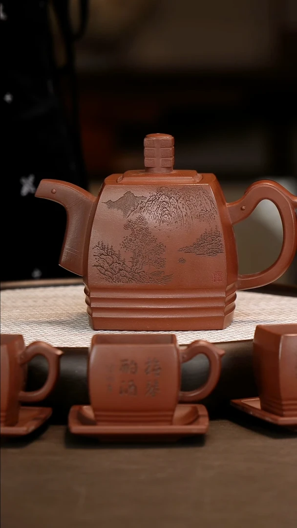 紫砂茶具【李霓】底槽清 青玉四方套组 760cc