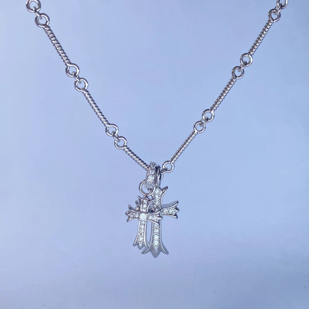 铜合金项链 欧美K罗双十字架银色长款项链潮酷情侣微镶毛衣卫衣链