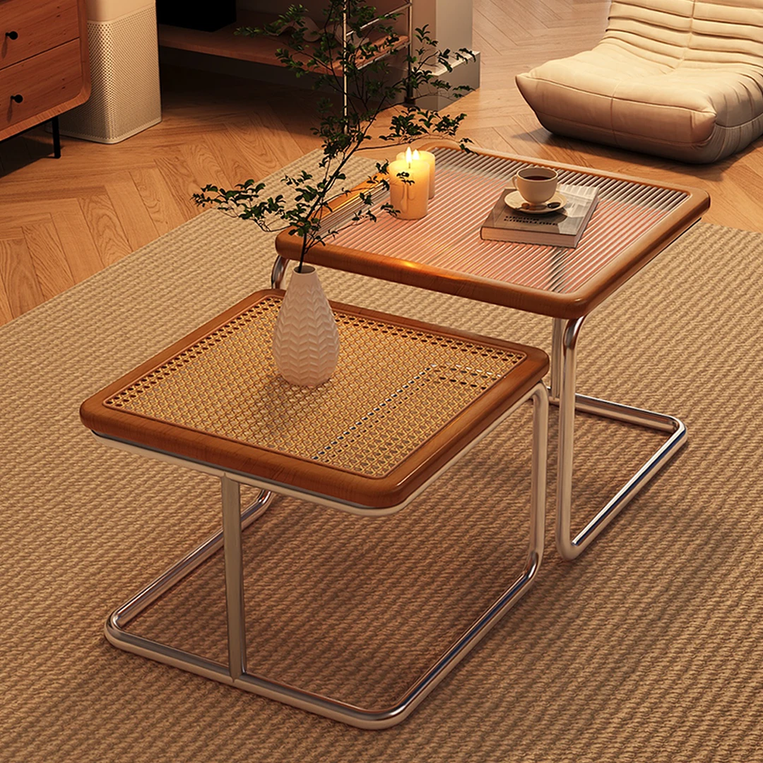 实木茶几客厅家用小户型沙发边几简约茶桌中古风藤编玻璃组合茶桌