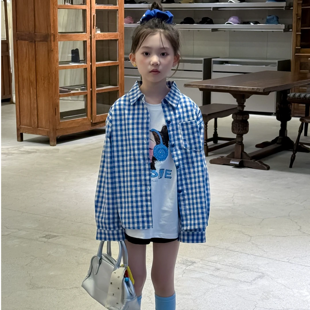 儿童格子衬衫2025秋装新款女童韩版洋气休闲衬衣女宝长袖蓝色上衣