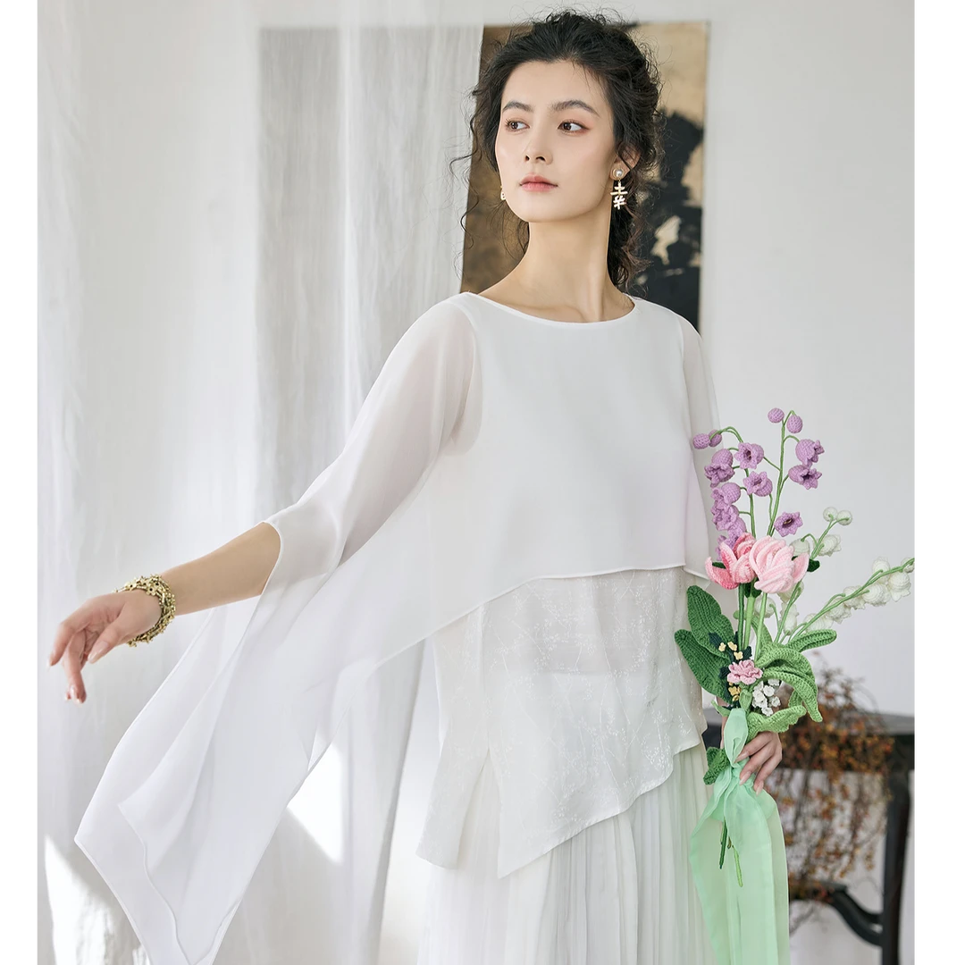 生活在左2025春季新品提花修身显瘦不规则衬衣女夏季1951187