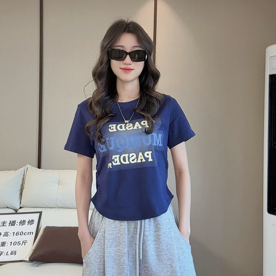 字母印花短袖韩版圆领T恤百搭短款小众显瘦时尚休闲夏季设计感