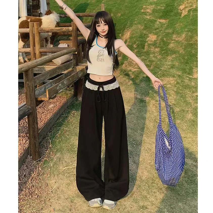 气质蕾丝花边拼接松紧腰长裤撞色设计休闲高级垂感抽绳慵懒卫裤