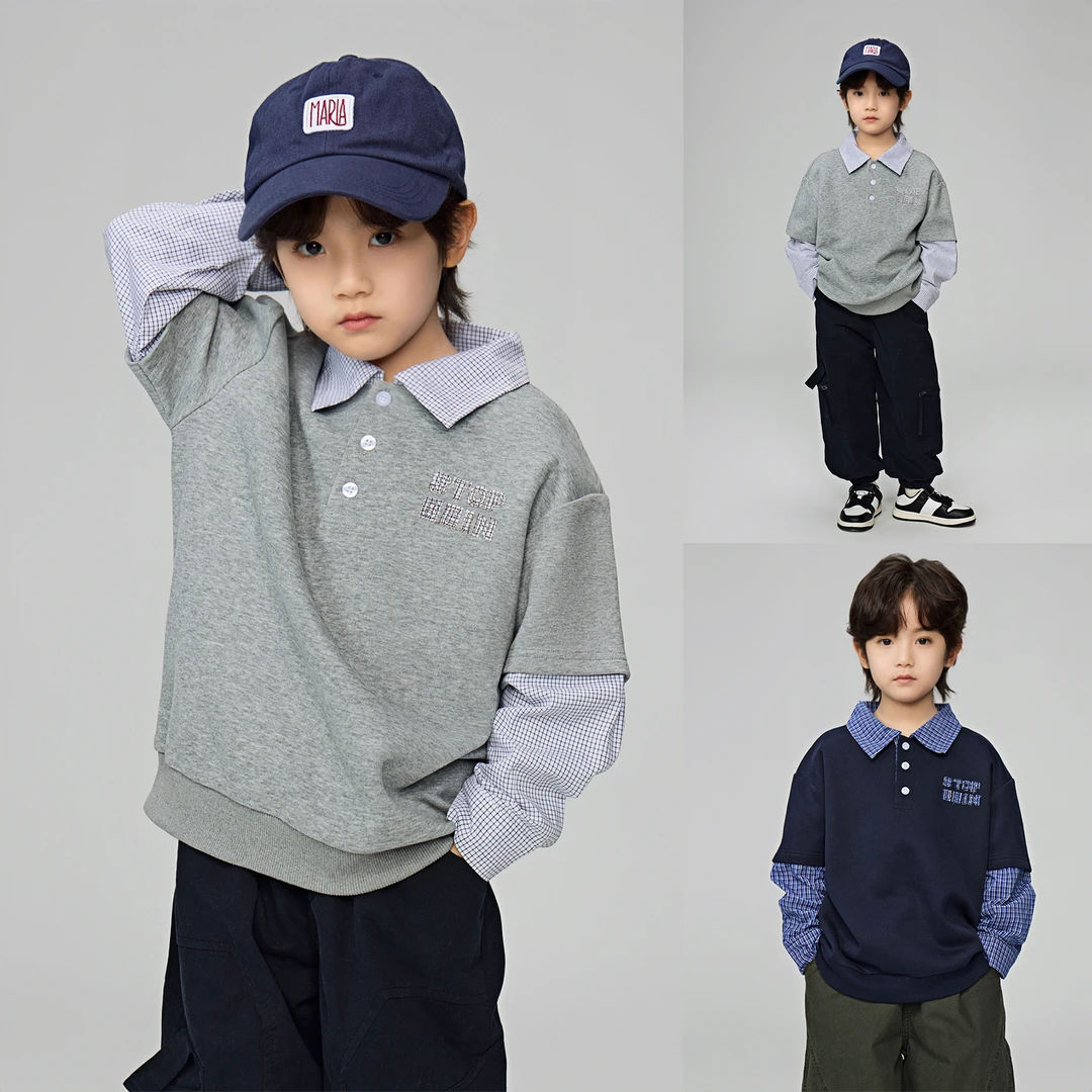 儿童假两件卫衣2025春季新款男童美式复古格子拼接polo衫舒适宽松