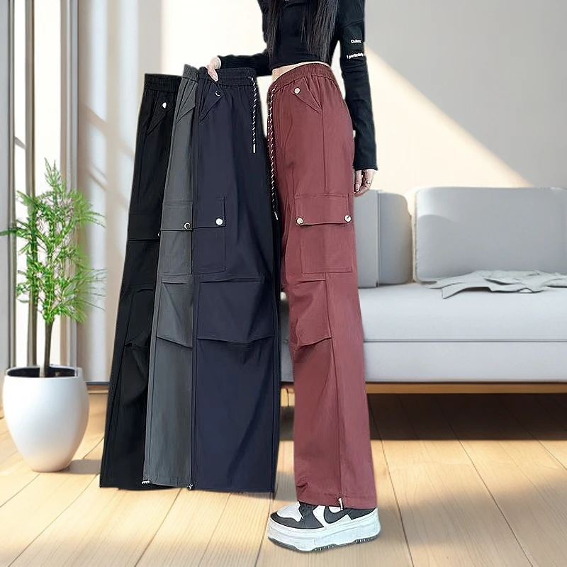 2025新款美式工装裤女春秋爆款高腰宽松显瘦多口袋运动直筒阔腿裤