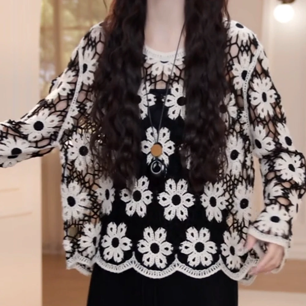 早秋薄款重工钩花镂空罩衫针织长袖C5837