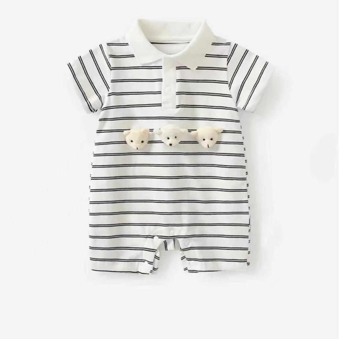 【咪】新款宝宝夏款婴幼儿可爱超萌短袖条纹三只小熊哈衣爬爬服