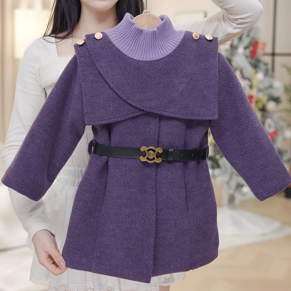 新款2025女童呢大衣外套秋冬洋气儿童呢子斗篷两件套女孩毛呢风衣