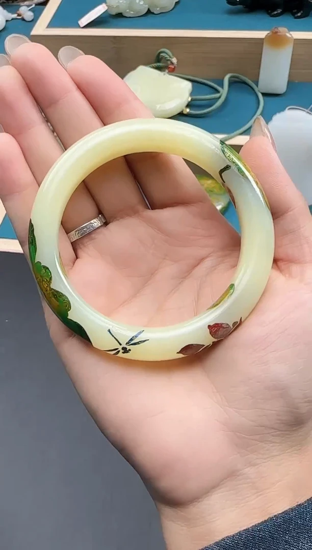 未镶嵌和田玉挂件和田黄玉荷塘月色大漆手镯