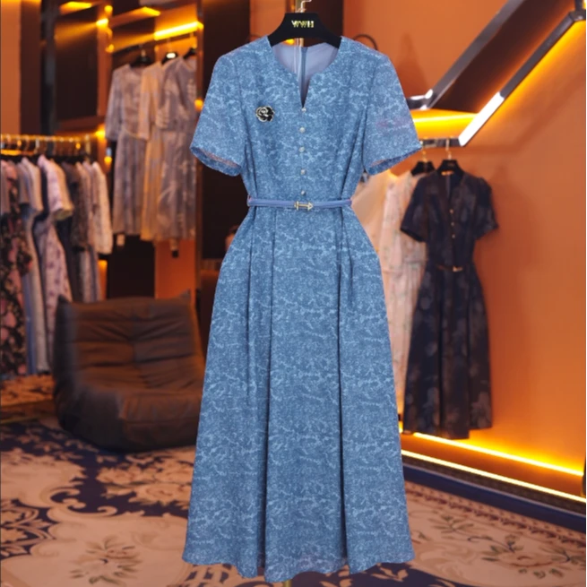 【赫尔温】设计款柔蓝色时尚收腰显瘦连衣裙DHZZR50461