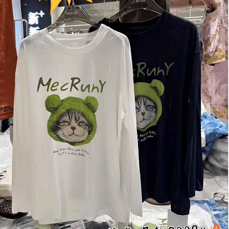 欧洲站卡通猫咪印花T恤女长袖宽松2025新夏季大版防晒衣上衣