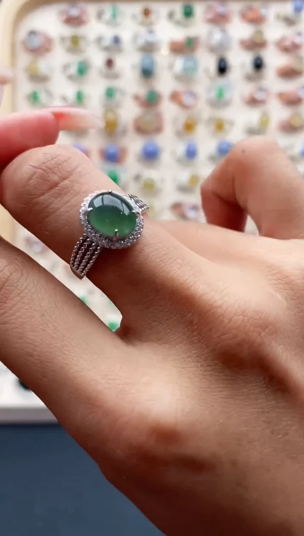 【闪购商品】翡翠戒指银S925镶嵌缅甸天然A货翡翠222   1-1