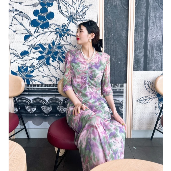 七彩紫霞~早秋温柔气质镇店之宝七分袖A型大裙摆显瘦连衣裙.