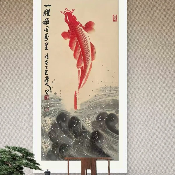 薄林老师原创作品荷花鲤鱼小三尺挂轴-一跃雄风