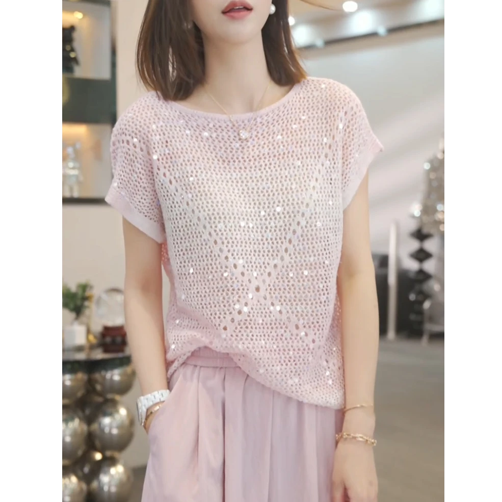 亮片镂空粉色针织衫女2025夏季新款短袖t恤洋气减龄宽松圆领上衣