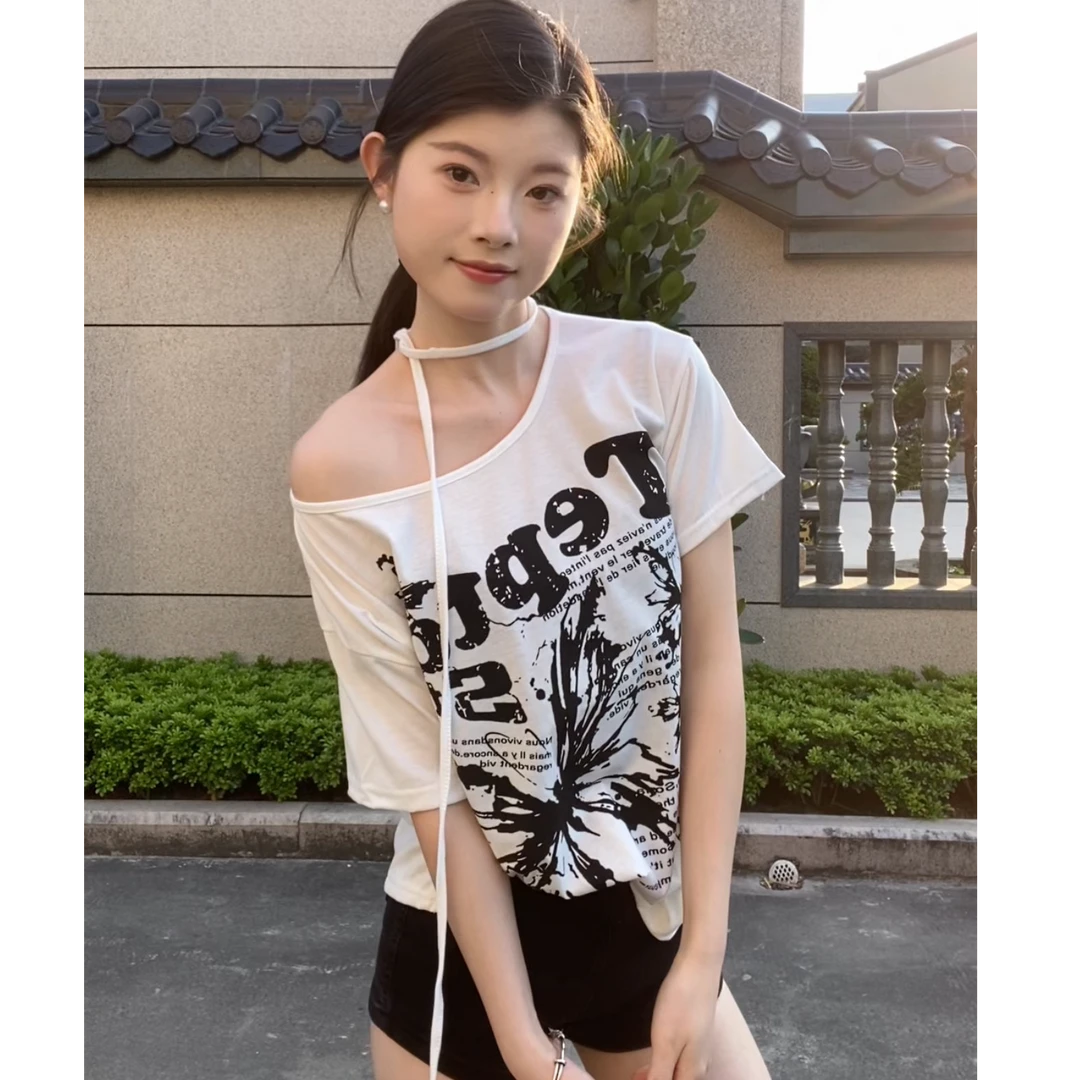 美式白色蝴蝶结印花露肩短袖T恤女夏季慵懒风宽松休闲百搭上衣ins