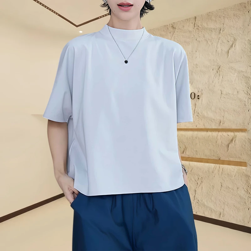 短袖时尚冰感棉宽松T恤女2025夏季圆领半高领纽扣休闲百搭上衣