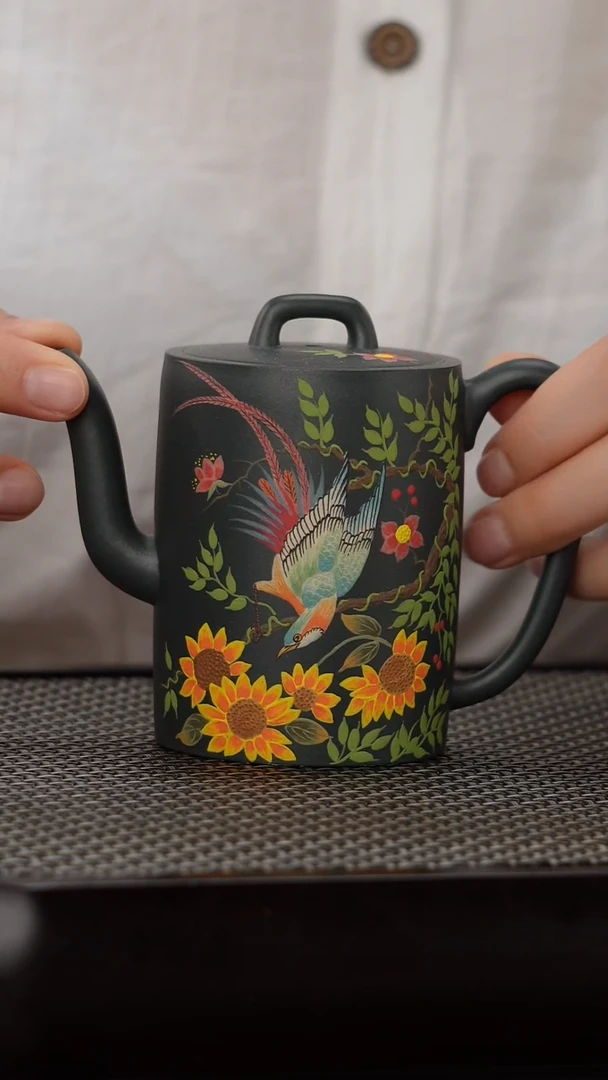 茶壶紫砂墨绿泥泥绘汲直180cc