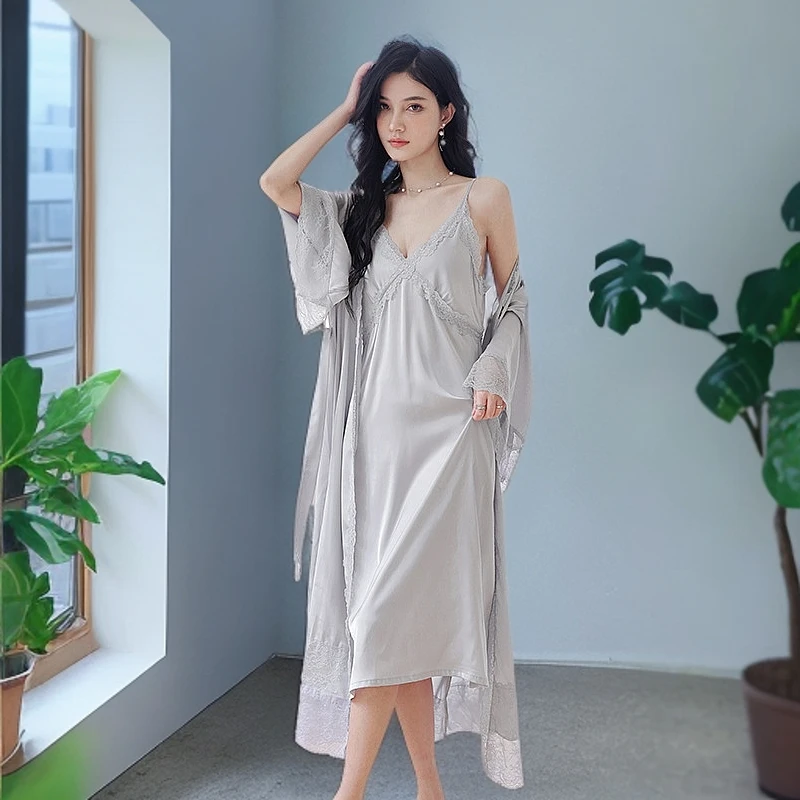性感冰丝睡衣女春夏新款法式吊带睡裙睡袍花边宫廷风两件套家居服