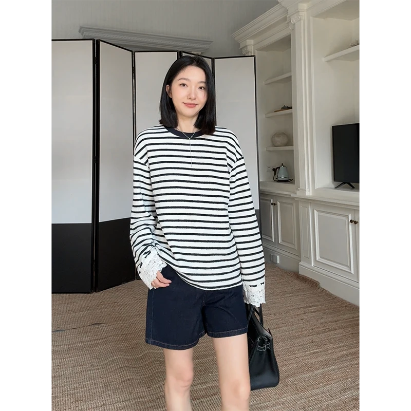 郭九九呢 全棉宽松花边拼接条纹长袖t恤百搭牛仔短裤 G925Z13761