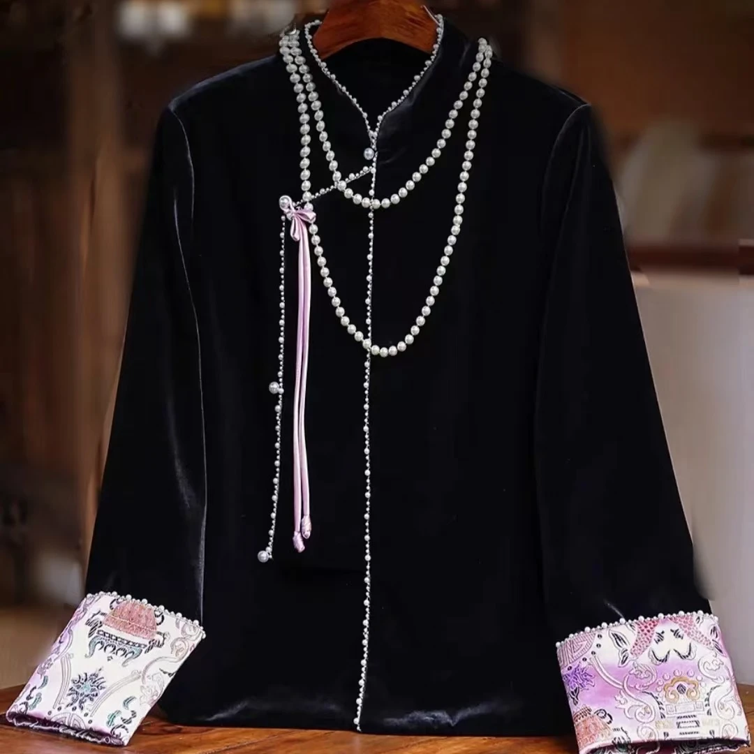 新中式国风黑色钉珠丝绒外套女--161