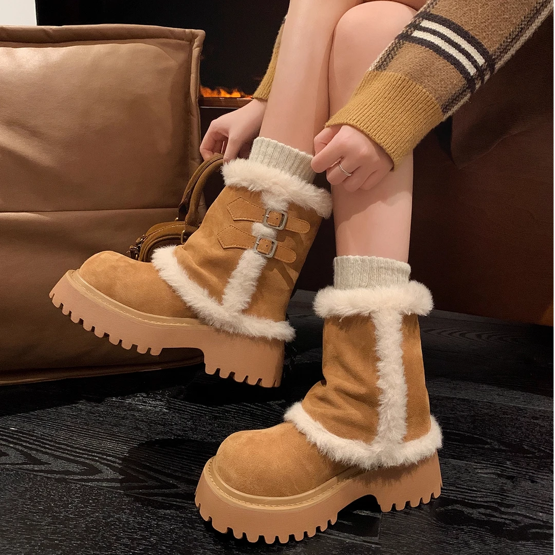 阿勒泰～2025年冬季新款厚底增高百搭复古小众加绒保暖棉靴女毛毛