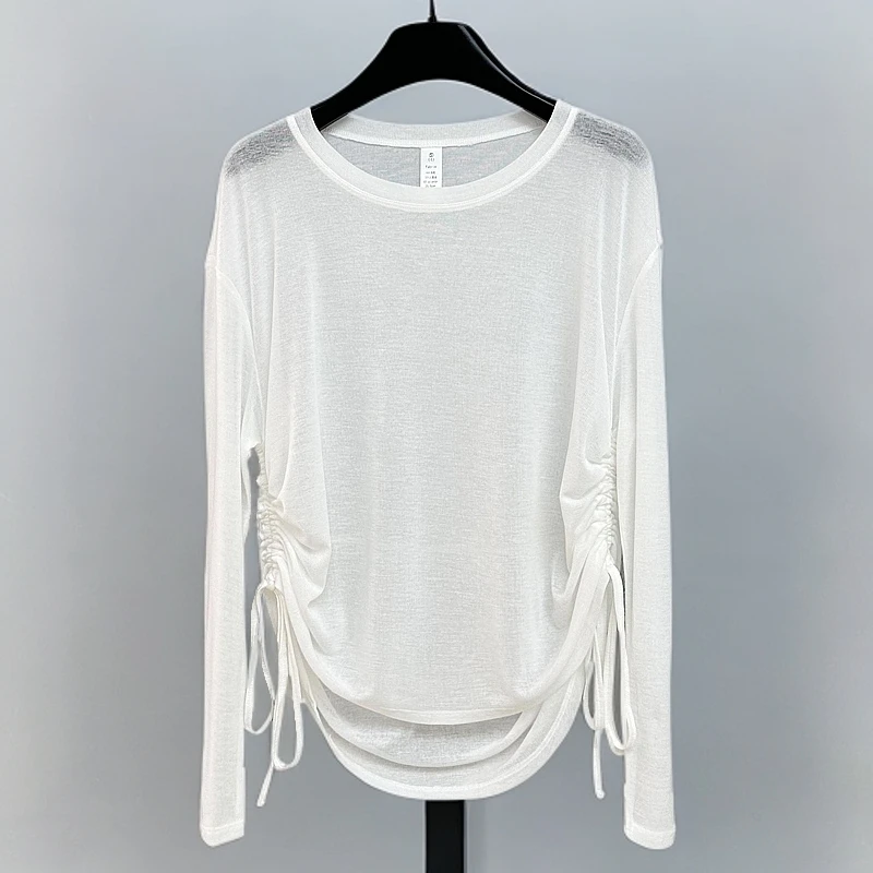 秋季新款轻薄速干运动T恤长袖宽松透气时尚抽绳遮肉瑜伽服上衣