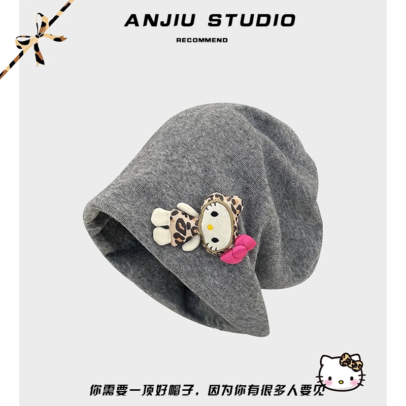 可爱豹纹kitty猫蝴蝶结堆堆帽女2025新款秋卡通显脸小素颜包头帽