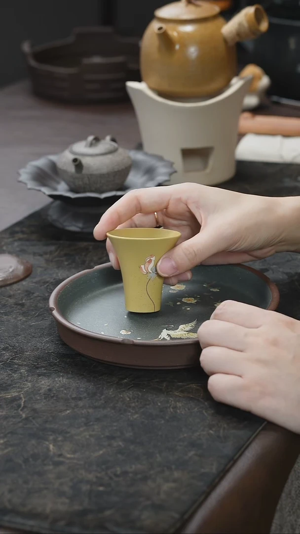 九隐茶器泥绘莲花高闻香杯
