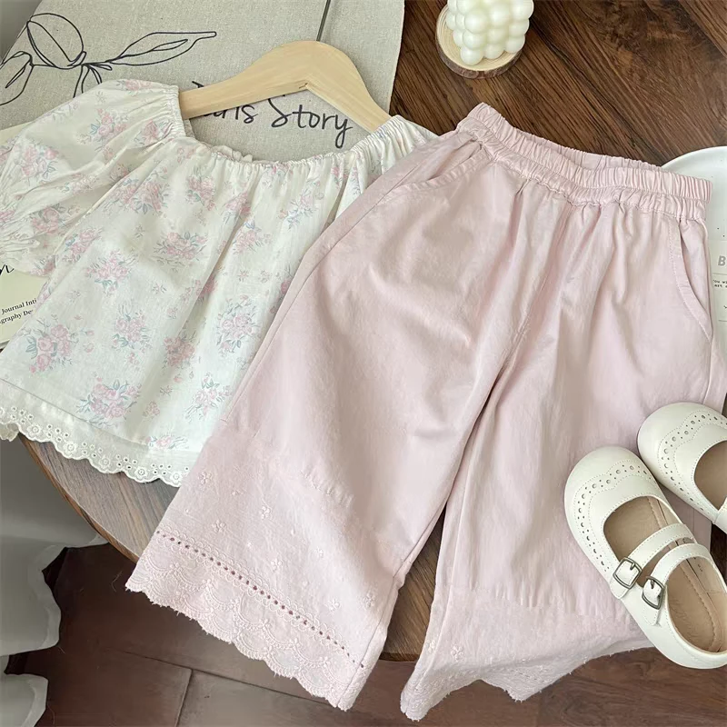 夏季女宝甜美套装2025夏装新款儿童韩版森系粉色碎花衣+九分阔腿