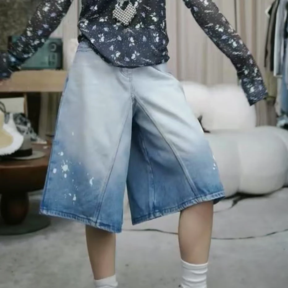 infobyfive夏季新款异型剪裁泼墨裤脏脏牛仔六分裤中裤NF0502243