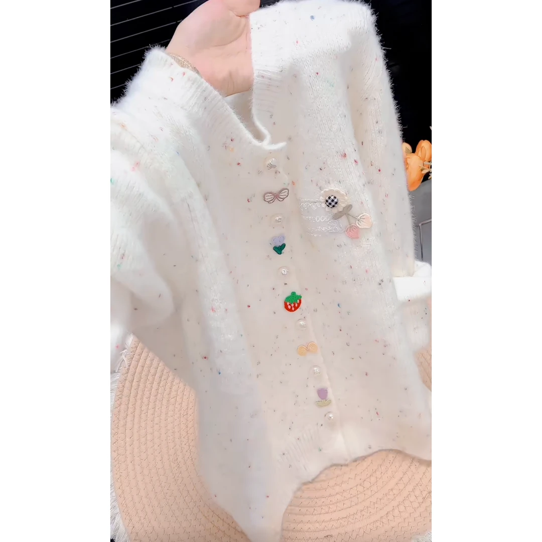 彩色点点花纱毛衣外套女秋季慵懒风外穿宽松慵懒风针织开衫上衣
